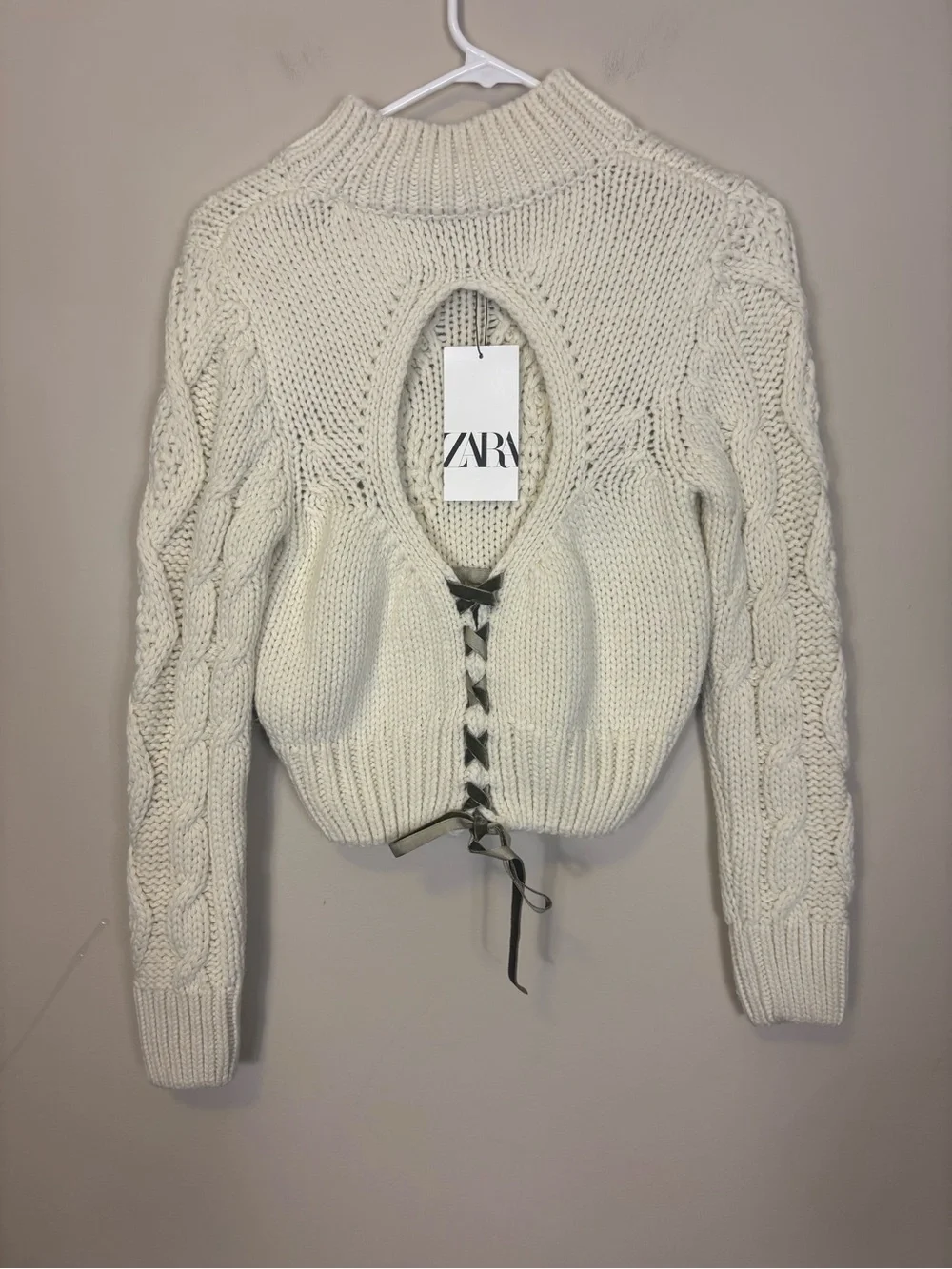 Zara Cream Cable Knit Mock Neck Sweater with Lace Up Back Women’s Small